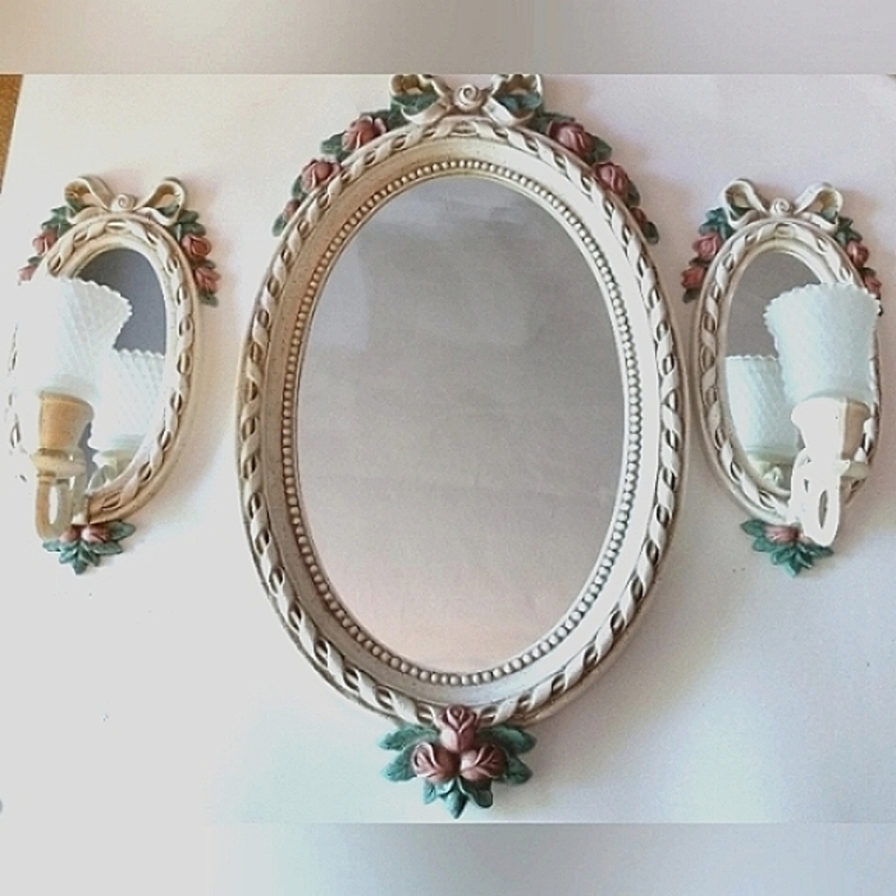 Burwood Products Co Vintage oval mirror, mirrored sconces